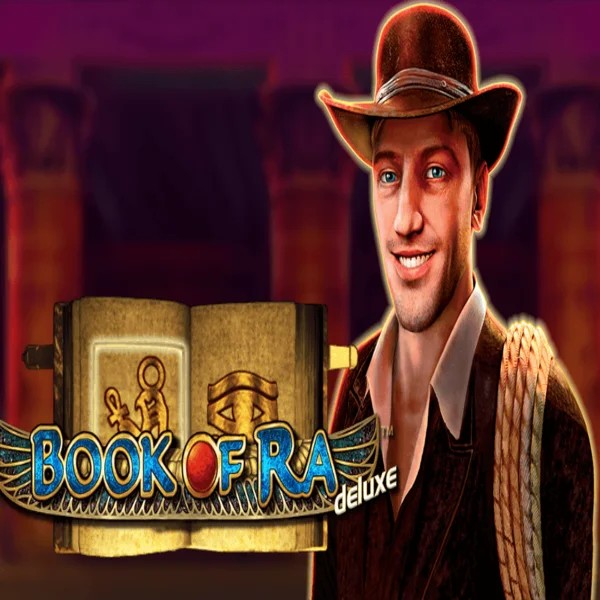 Book of Ra Deluxe slot logo by Novomatic at Spinogrino Casino